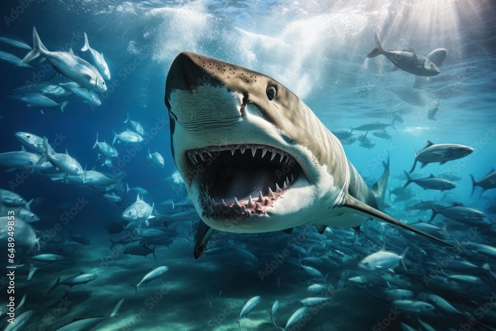 Naklejka premium Scary big shark swims with other fishes in the ocean sunlight and hunts the fishes.