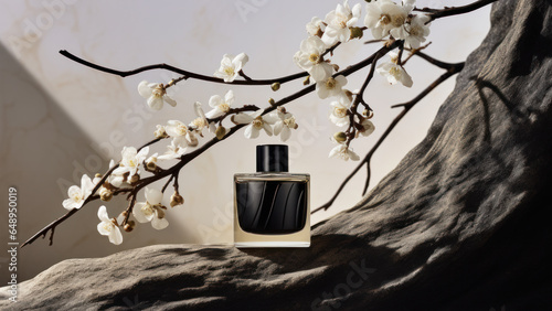 A beautiful bottle of Niche perfume on a tree trunk.