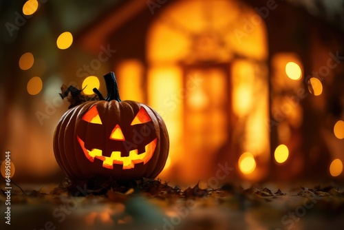 Jack O lantern in front of house, Trick or Treat candy basket, Halloween October 31st celebration