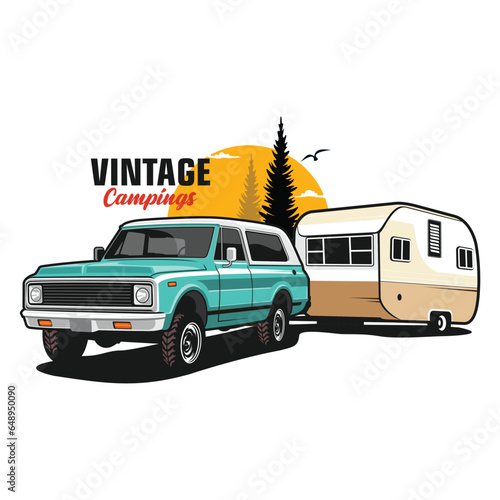 illustration of a car classic car car with trailer vintage car logo caravan
