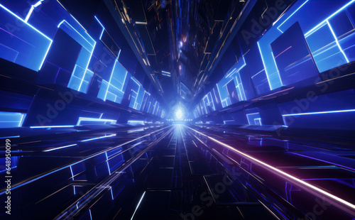 Futuristic corridor with glowing neon lights, 3d rendering background
