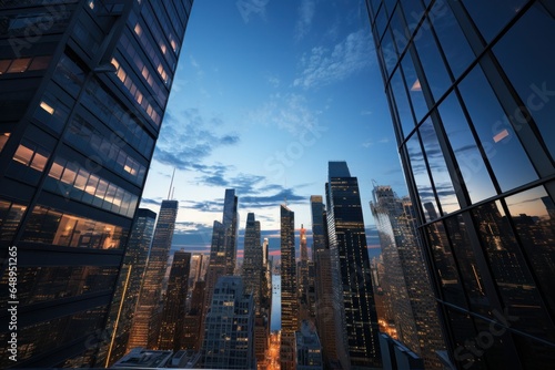 New York City skyscrapers at sunset with reflection in glass windows