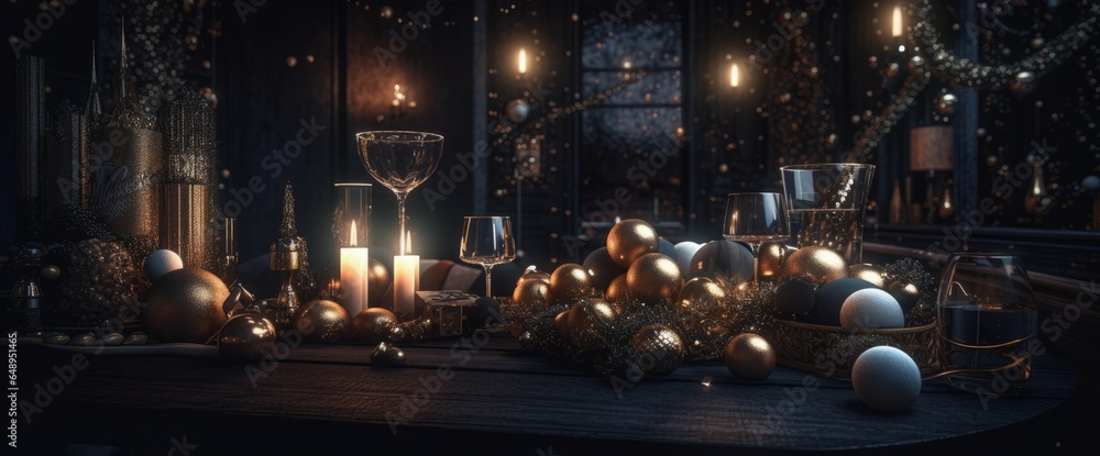 Christmas table with candles and golden christmas decorations. 3d rendering