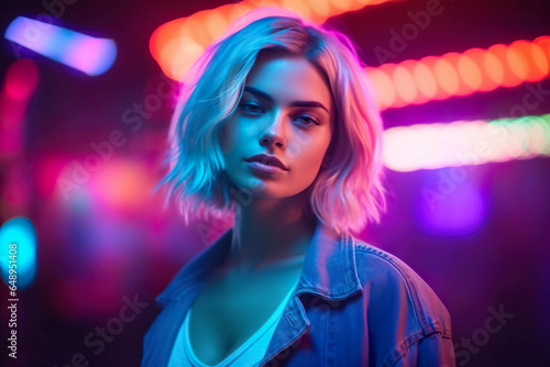 A young woman acts as a model for a photographer in the vibrant atmosphere of a nightclub. Young woman posing for a photo in neon light at a professional photo shoot. Art and nightlife concept