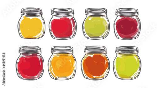 Set. Fruit and berry jam, confiture, marmalade. Vector isolated. Canned fruit juice, compote. 8 colorful jars of fruit jam. Yellow, red, orange, green. Home canning. Vitamins. Vegan dessert