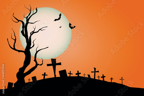 halloween silhouette vector flat background, black orange halloween