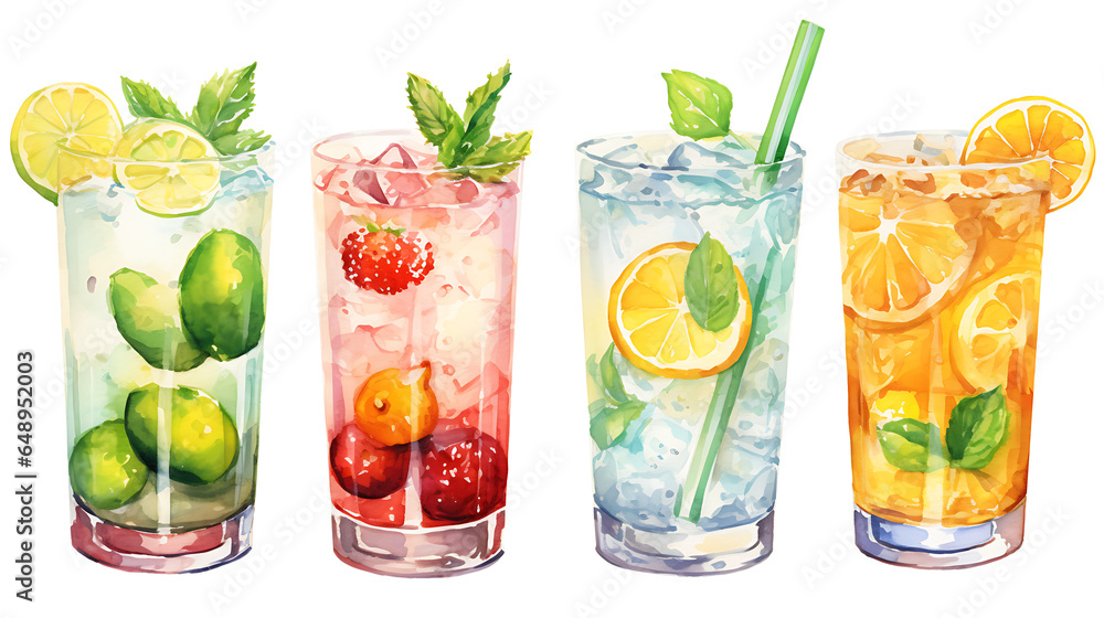 Four watercolor summer drinks on transparent background Four watercolor summer drinks on transparent background