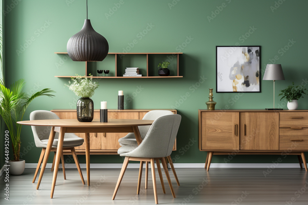 Fototapeta premium Mint color chairs at round wooden dining table in room with sofa and cabinet near green wall made with AI