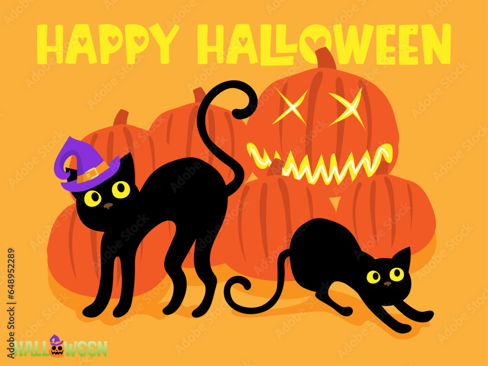 Fototapeta premium ハロウィンの魔女の黒猫とかぼちゃ