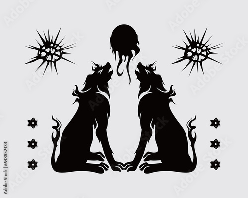 Two black wolf silhouette illustration vector clip art, eclipse moon, fox, t shirt design, stealth editable