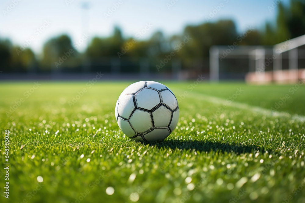 Soccer ball on the white line on the grass, which marks the area of the soccer field. Soccer ball on the white line on the grass, which marks the area of the soccer field.