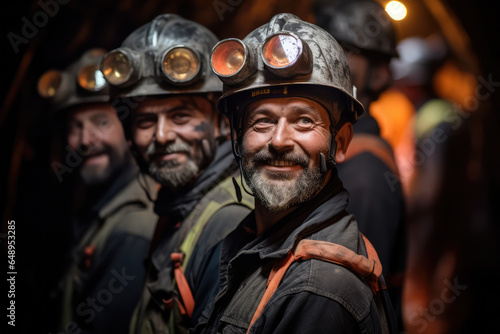 a Group of mine workers wearing helmets in a mine © Kien
