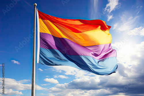 Realistic rainbow flag of an LGBT organization waving against a blue sky. LGBT pride flags include lesbians, gays, bisexuals and transgender people