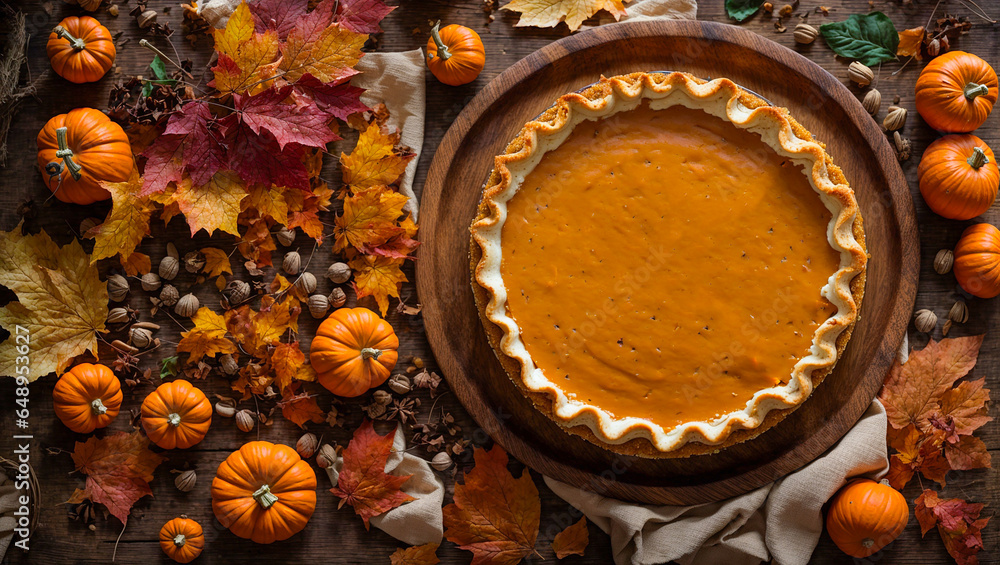 Traditional American pumpkin pie in the kitchen