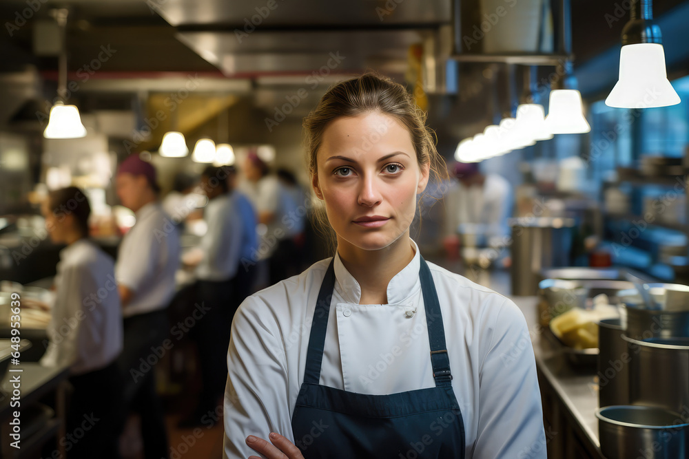 portrait of a woman Chef in a busy restaurant kitchen