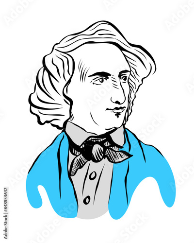 Jakob Ludwig Felix Mendelssohn Bartholdy. Vector illustration hand drawn