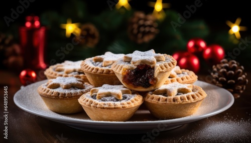 Photo of delicious mini pies on a white plate, sprinkled with powdered sugar