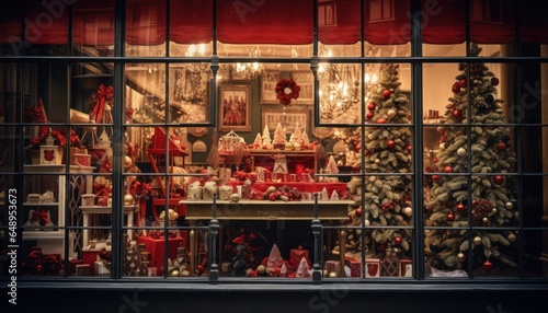 Foto Photo of a festive store front window with beautifully decorated Christmas trees