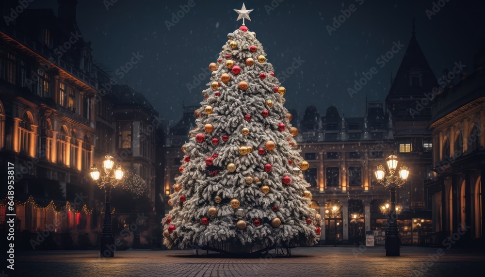 Photo of a beautifully lit Christmas tree in a bustling city square
