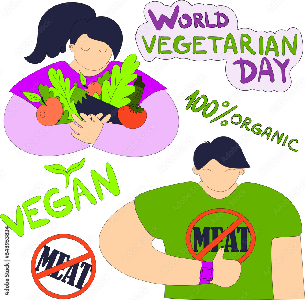 World vegetarian day. People with vegetarian food. Vector. Stickers. Boy no meat sign. Organic food. World vegetarian day. People with vegetarian food. Vector. Stickers. Boy no meat sign. Organic food.