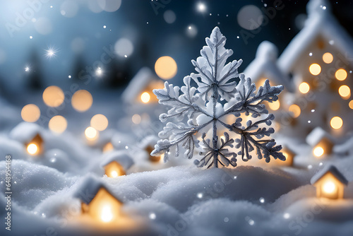 Weihnachten Winterlandschaft in der Nacht mit Schneefall und Lichtern © Pixelot