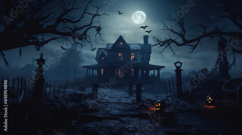 A Haunted House with a Full Moon A Haunted House with Jacko Lanterns and Crows photo