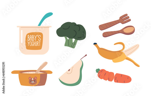 Nutrient-packed Baby Foods. Yoghurt, Broccoli, Carrot or Banana, Pear and Porridge, Perfectly Pureed Vector Illustration