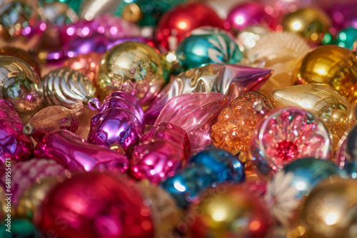 Colorful christmas bal ornaments USSR as a background  close up