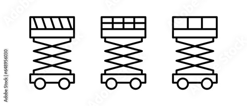 Scissor lift vector icon set. Outline equipments, cranes, winches symbol