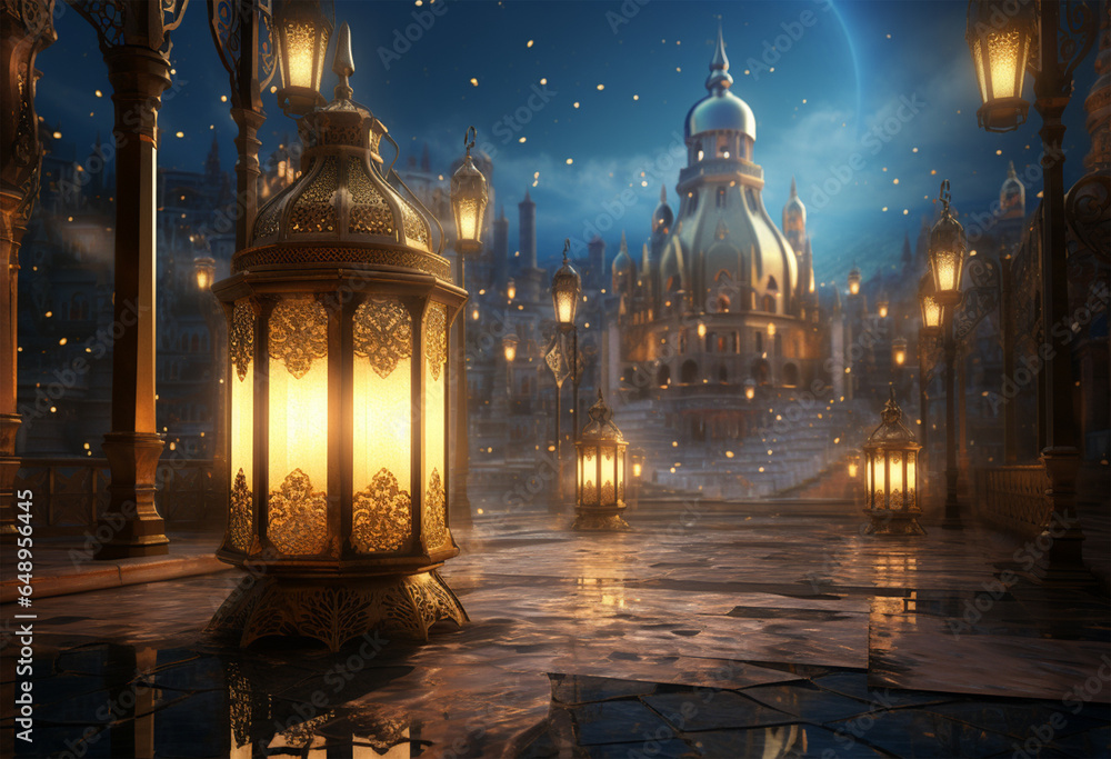 Lit lantern at night arabic city and glittering golden bokeh lights Lit lantern at night arabic city and glittering golden bokeh lights