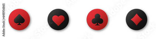 Hearts, clubs, diamonds and spades chips on an isolated white background. Set collection gambling sign symbol of playing card suits and chips for poker and casino.