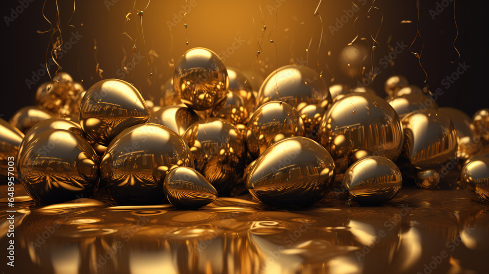 złote balony błyszczące karnawał sylwester serpentyny na złotym metalicznym tle - gold glitter balloons carnival new year's eve serpentine on golden metallic background - AI Generated - obrazy, fototapety, plakaty 