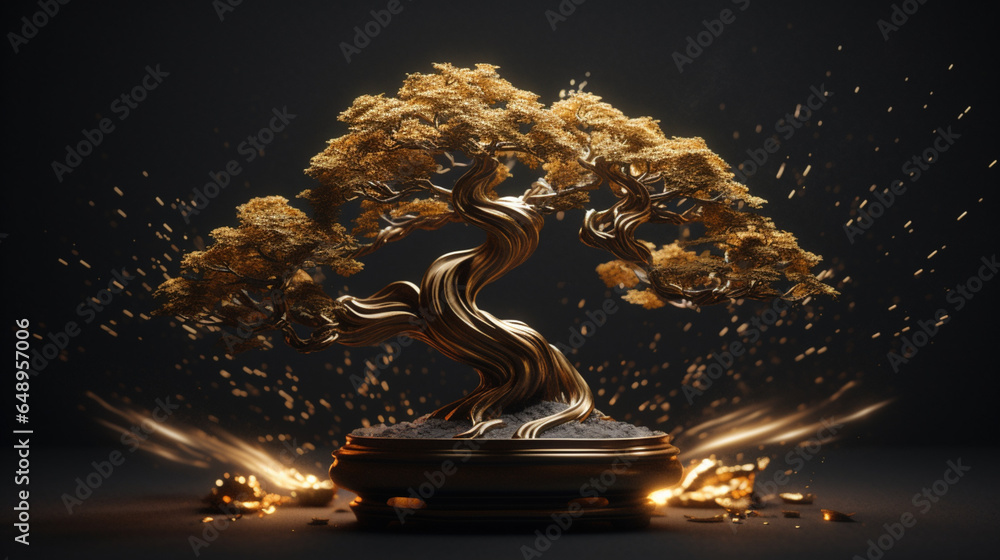 tradycyjne japońskie miniaturowe złote drzewko szczęścia bonsai na czarnym tle - traditional japanese miniature golden lucky tree bonsai on black background - AI Generated - obrazy, fototapety, plakaty 