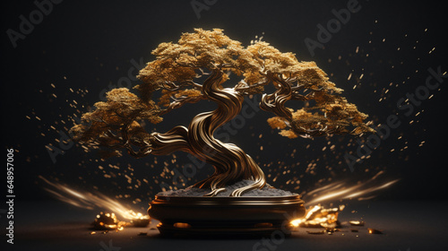Fototapeta tradycyjne japońskie miniaturowe złote drzewko szczęścia bonsai na czarnym tle - traditional japanese miniature golden lucky tree bonsai on black background - AI Generated