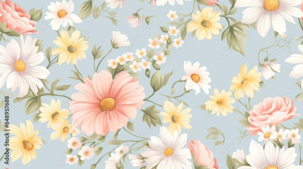 Vintage floral seamless pattern featuring delicate roses and daisies in soft pastel colors