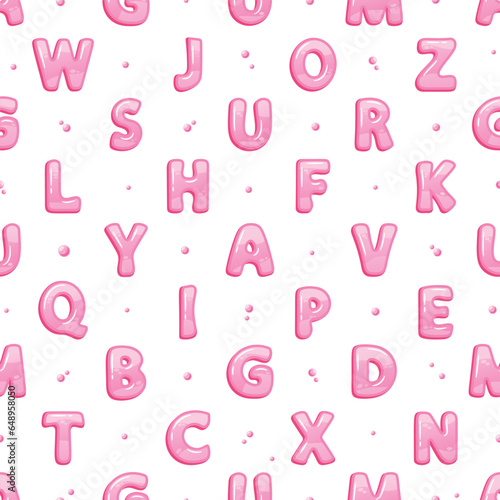 Playful And Vibrant Seamless Pattern Featuring An Alphabet Made Of Colorful Pink Bubble Gum. Each Letter Pops