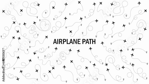 Airplane or aeroplane routes path set. Travel concept from start point and dotted line tracing. Aircraft tracking, plane path, travel, map pins, location pins. Vector illustration. White background.