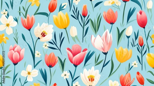 Vintage floral seamless pattern reminiscent of the 1950s with a mix of cheerful tulips and daisies in vibrant  candy-colored hues