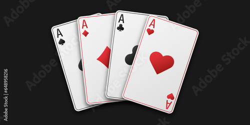 A hand fan of playing cards consisting Ace of Spades, Diamonds, Clubs, Hearts. Vector illustration poker and casino of all the aces. Black table background.