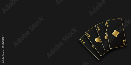 A hand fan of playing cards consisting of four black and golden Ace of Spades, Diamonds, Clubs, Hearts. Vector illustration poker and casino of all the aces on black table background.