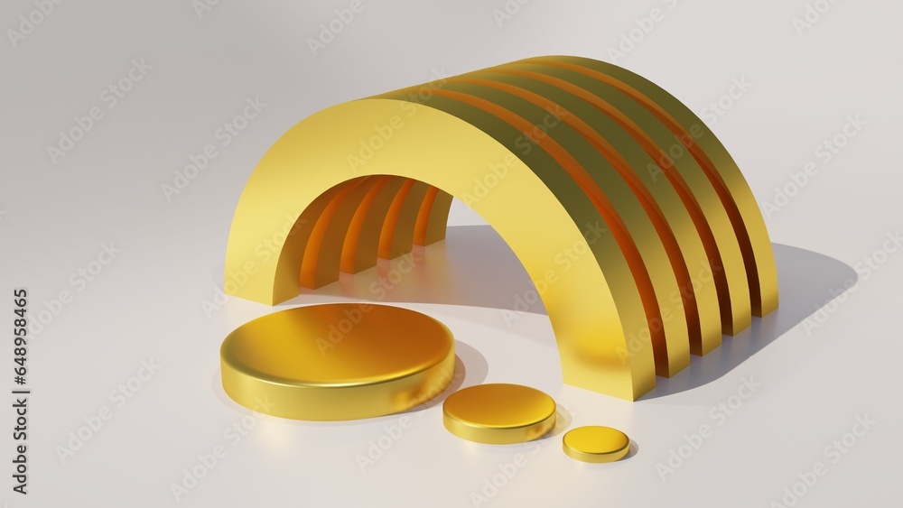 Obraz premium 3 golden round podiums with an arch on a white background. 3D illustration.