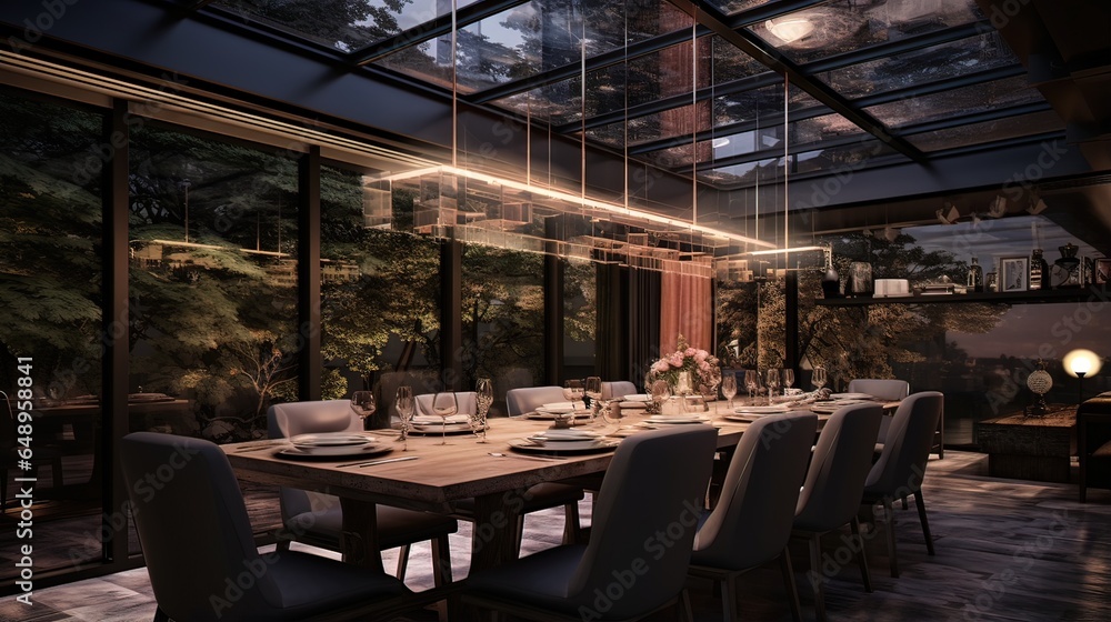 Fototapeta premium A beautiful dining room with a huge and well-lit table
