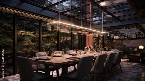 A beautiful dining room with a huge and well-lit table