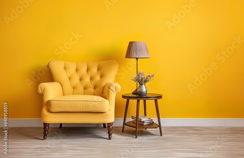 A beautiful little room with a yellow armchair and a small table
