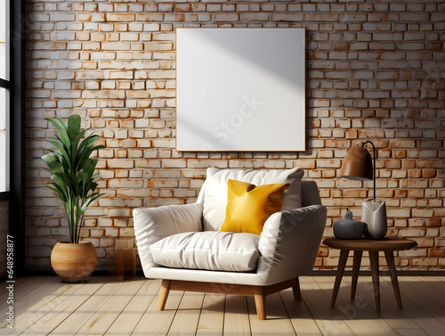 Empty canvas mockup on exposed brick wall furnished with a white chair and side table.