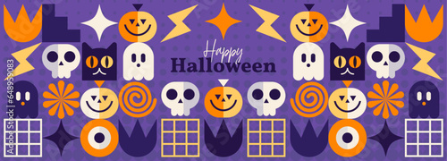 Halloween banner with flat vector illustrations of pumpkin, black cat, skull, ghost and various orange and purple geometric shapes
