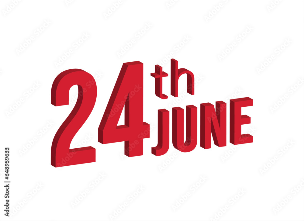 24th june , Daily calendar time and date schedule symbol. Modern design, 3d rendering. White background. 24th june , Daily calendar time and date schedule symbol. Modern design, 3d rendering. White background.