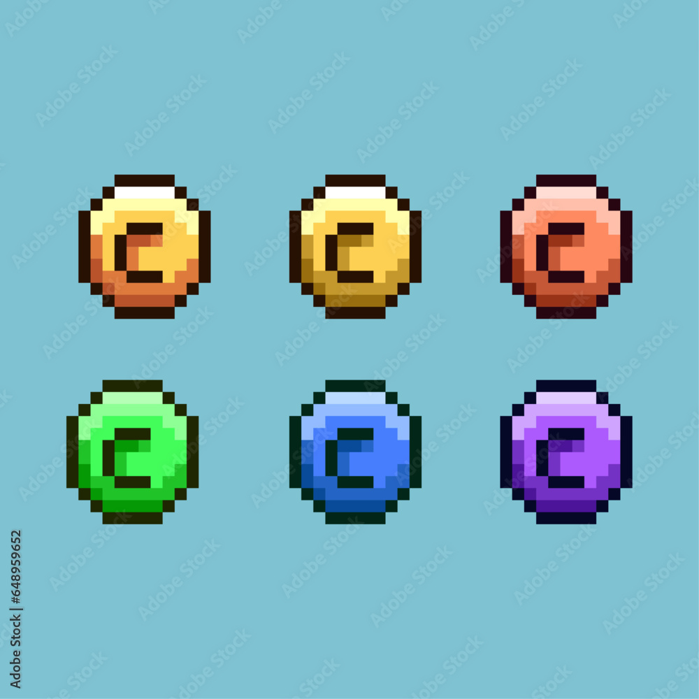 Pixel art sets of coin with variation color items asset. simple bits of coin business on pixelated style.8bits perfect for game asset or design asset element for your game design asset Pixel art sets of coin with variation color items asset. simple bits of coin business on pixelated style.8bits perfect for game asset or design asset element for your game design asset