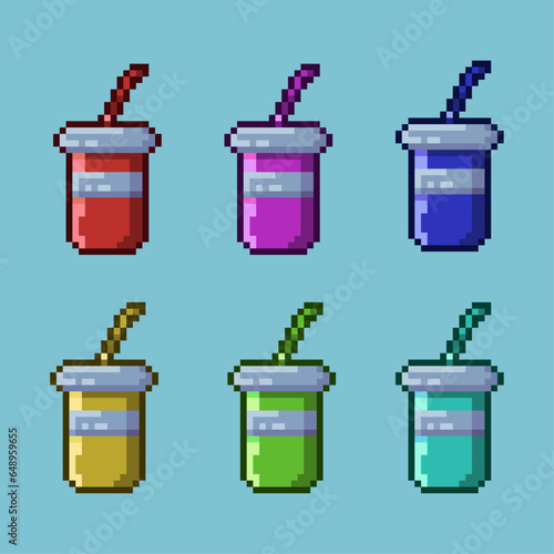 Pixel art sets of cup drink with variation color items asset. simple bits of cup on pixelated style.8bits perfect for game asset or design asset element for your game design asset