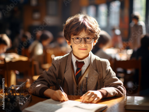 Portrait of a cute schoolboy in eyeglasses sitting at a table and doing homework. Generative AI
